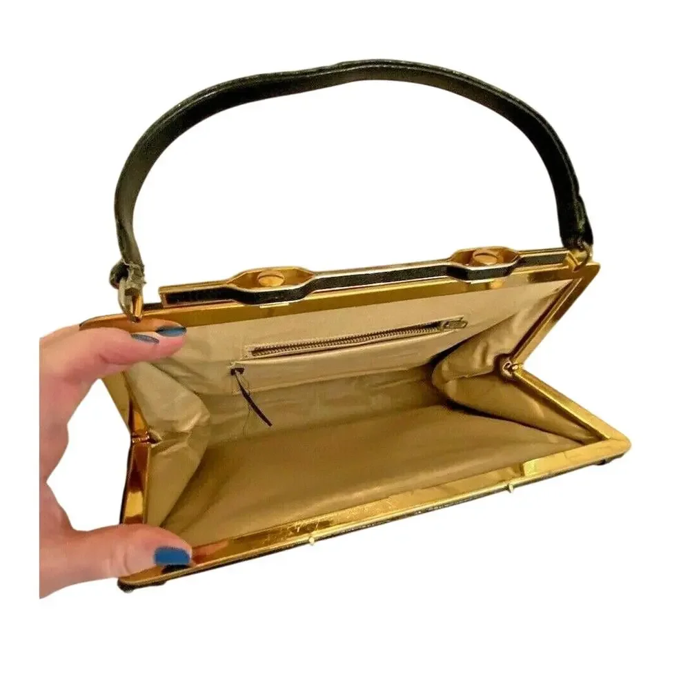 Vintage Mid Century Top Handle Purse Black / Brown Lizard Skin Textured Leather